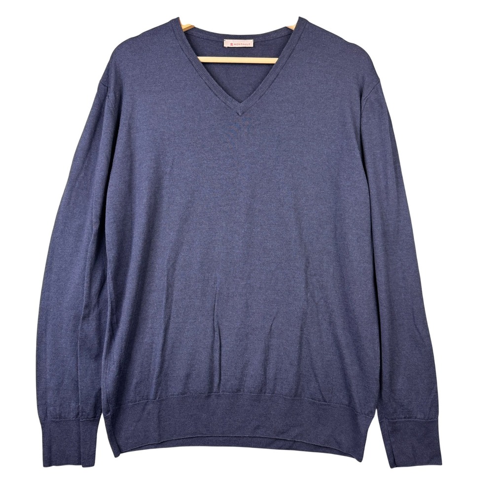 Montagut Mens Navy Blue Wool Silk V-Neck Sweater Size L Long Sleeve Knit